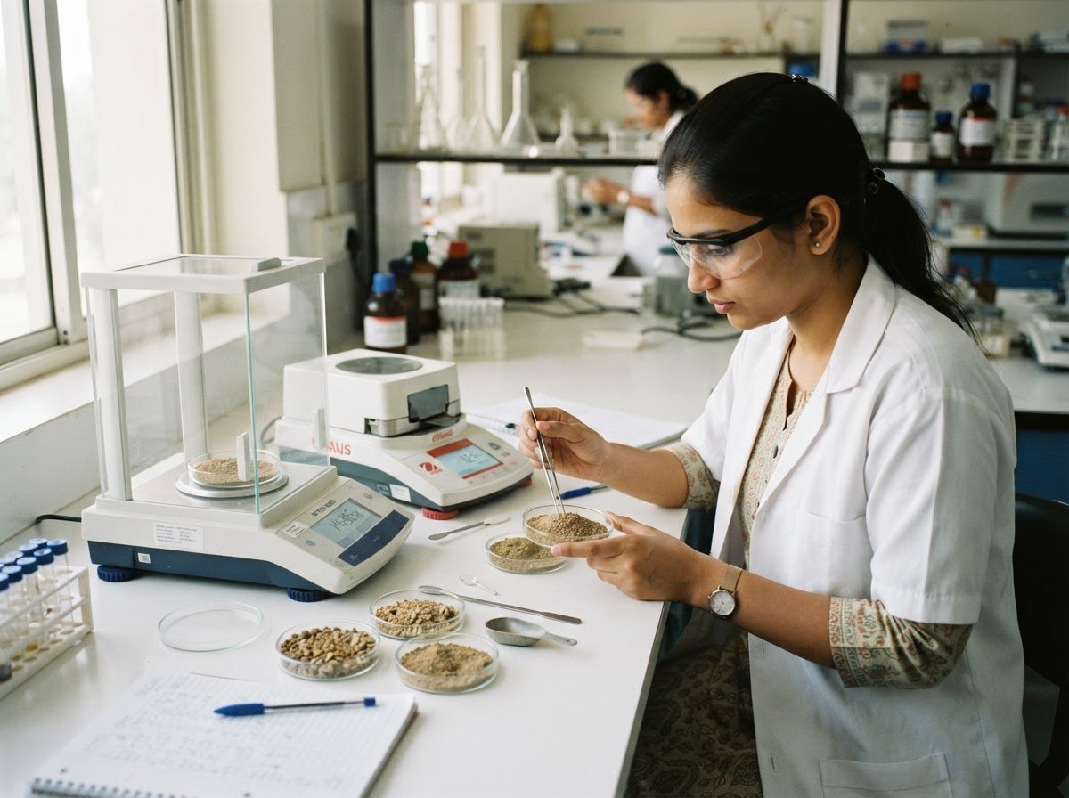 A technician examining cattle feed samples beside a precision balance